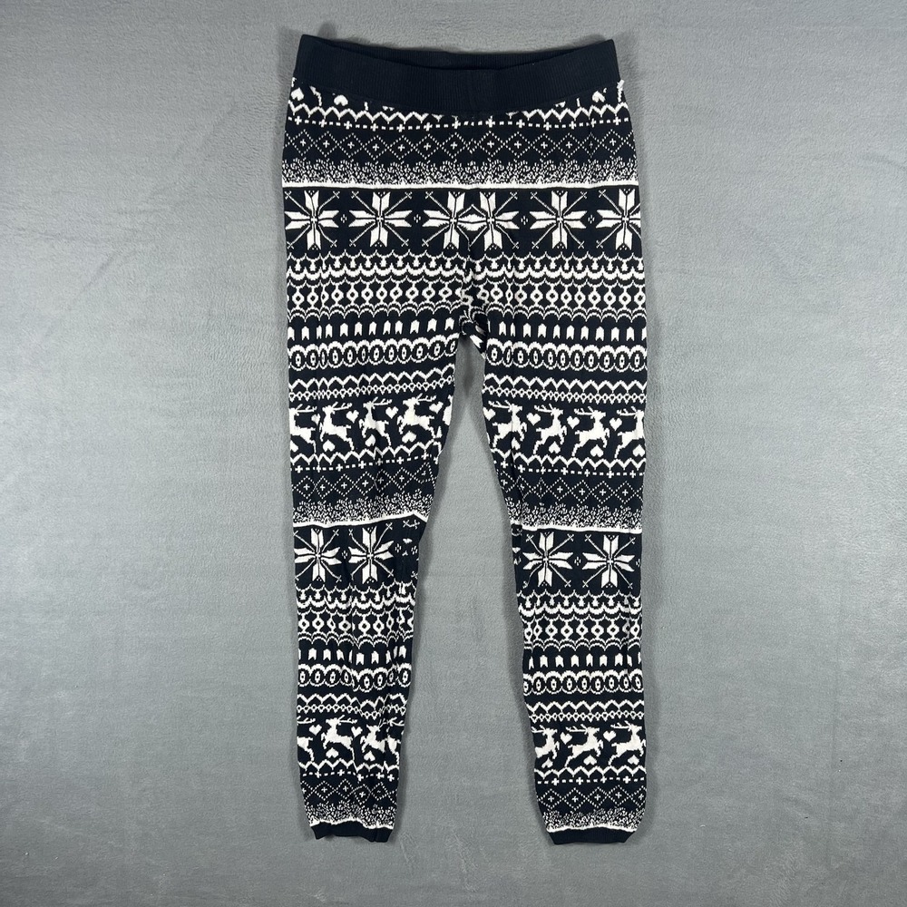 SO Women's Size M Black‎ White Fair Isle Reindeer Knit Leggings Cotton Blend